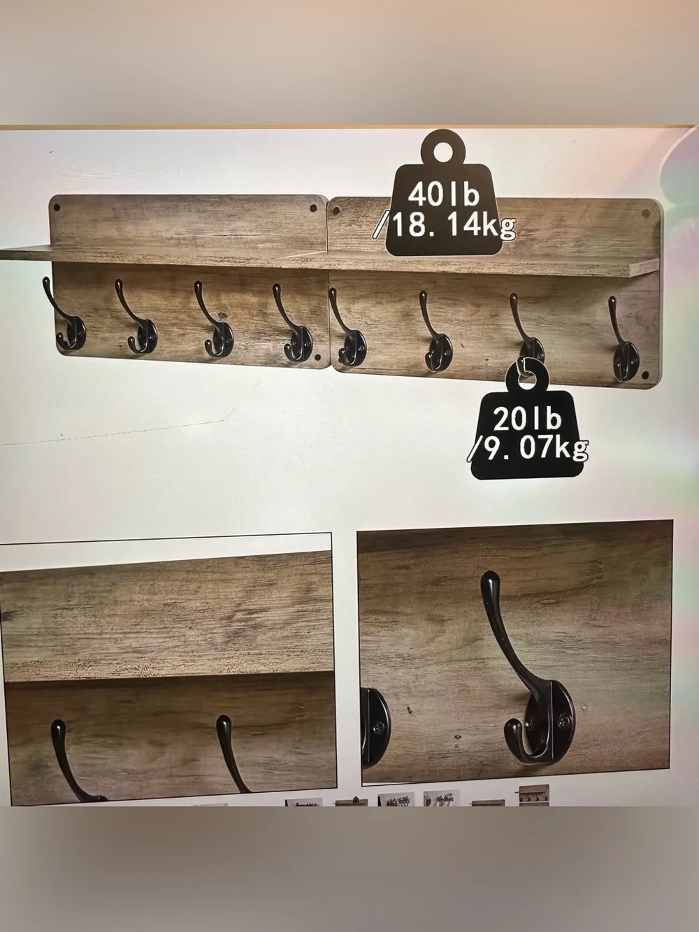 Coat Rack Shelf with 8 Hooks - Floating Shelves